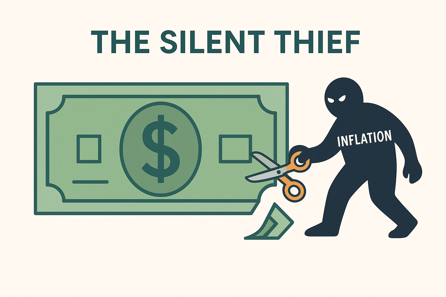 0725 2nd img - TheFinSense A cartoon of a thief labeled 'Inflation' using scissors to cut a piece off of a dollar bill, representing the silent loss of purchasing power.