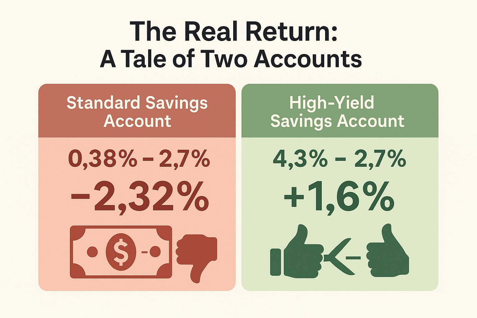 4th img - TheFinSense A graphic comparing two accounts: a standard savings account with a negative real return of -2.32%, and a high-yield savings account with a positive real return of +1.6%.