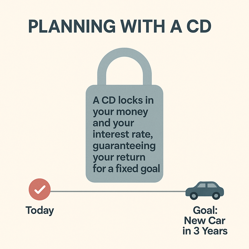 0725 7th img - TheFinSense An illustration showing a padlock representing a Certificate of Deposit (CD) that locks in money today for a future goal, depicted as a new car in 3 years.