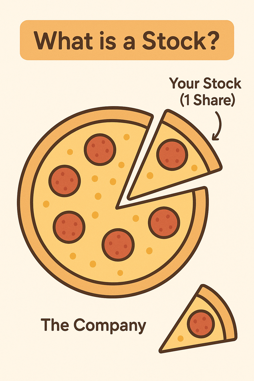 1 - TheFinSense A simple diagram explaining what a stock is by using a pizza analogy, where the whole pizza represents 'The Company' and one slice represents 'Your Stock