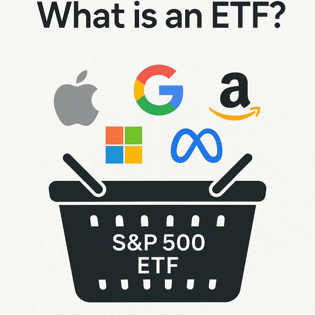 1-3 3 - TheFinSense An illustration of a shopping basket labeled 'S&P 500 ETF' filled with the logos of major companies like Apple and Google to represent instant diversification.
