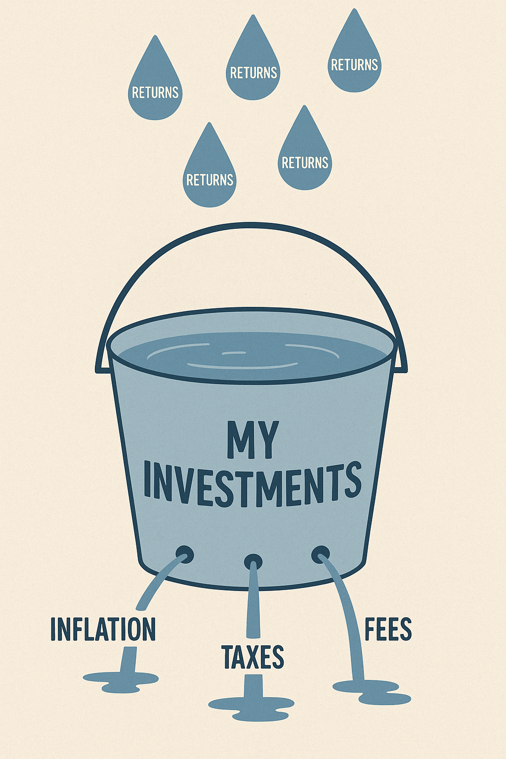 A metaphor for investment returns showing a bucket being filled by rain drops labeled 'RETURNS', but with leaks at the bottom representing inflation, taxes, and fees.