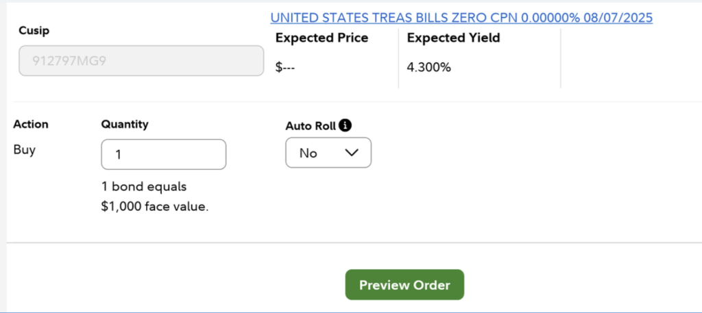 Fidelity Auto-Roll Toggle Interface — T-Bill Ladder Automation Setup fidelity treasury direct auto roll setup t-bills on fixed income purchase confirmation screen