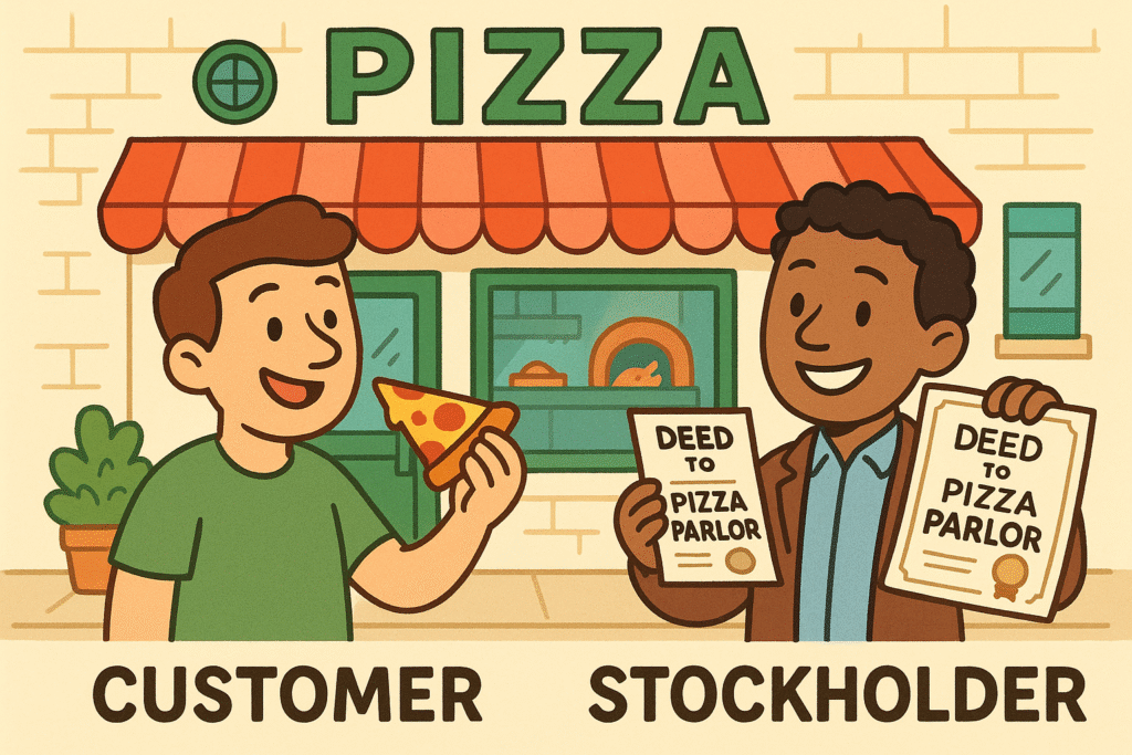 3-1 1 - TheFinSense A cartoon illustration showing a person on the left holding a slice of pizza, and a person on the right holding a small ownership deed to the pizza parlor.