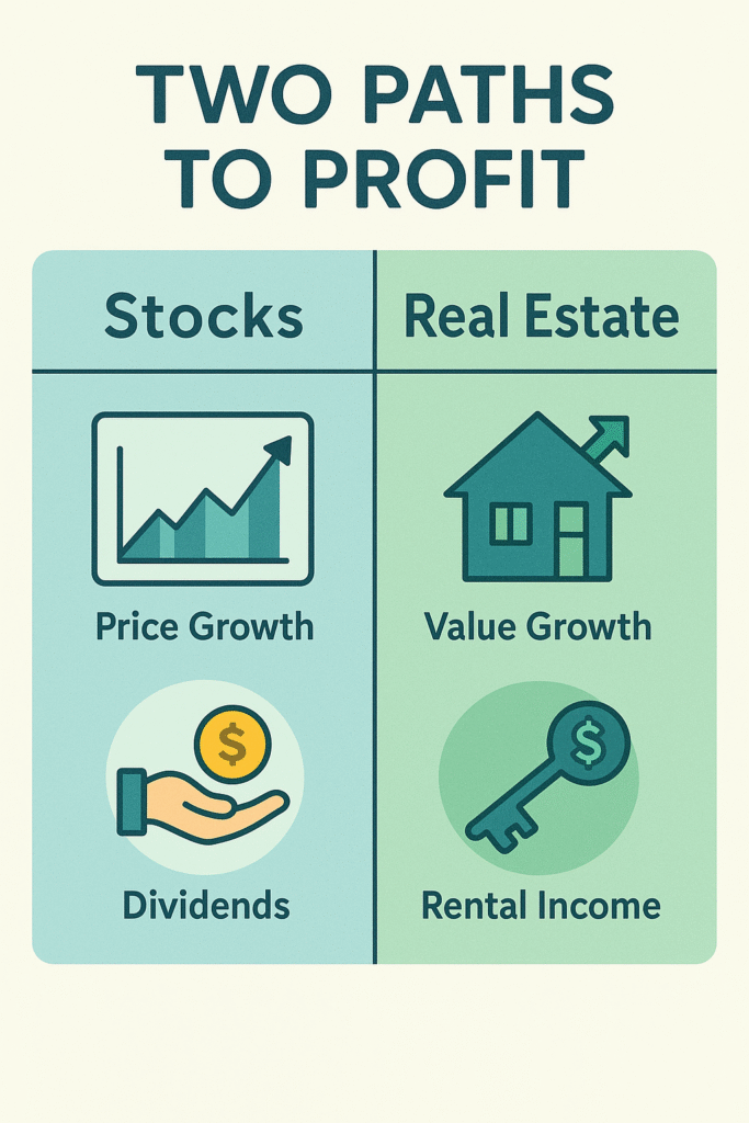 3-1 2 - TheFinSense An infographic comparing how stocks vs. real estate make money. The 'Stocks' side shows icons for 'Price Growth' and 'Dividends'. The 'Real Estate' side shows icons for 'Value Growth' and 'Rental Income'.