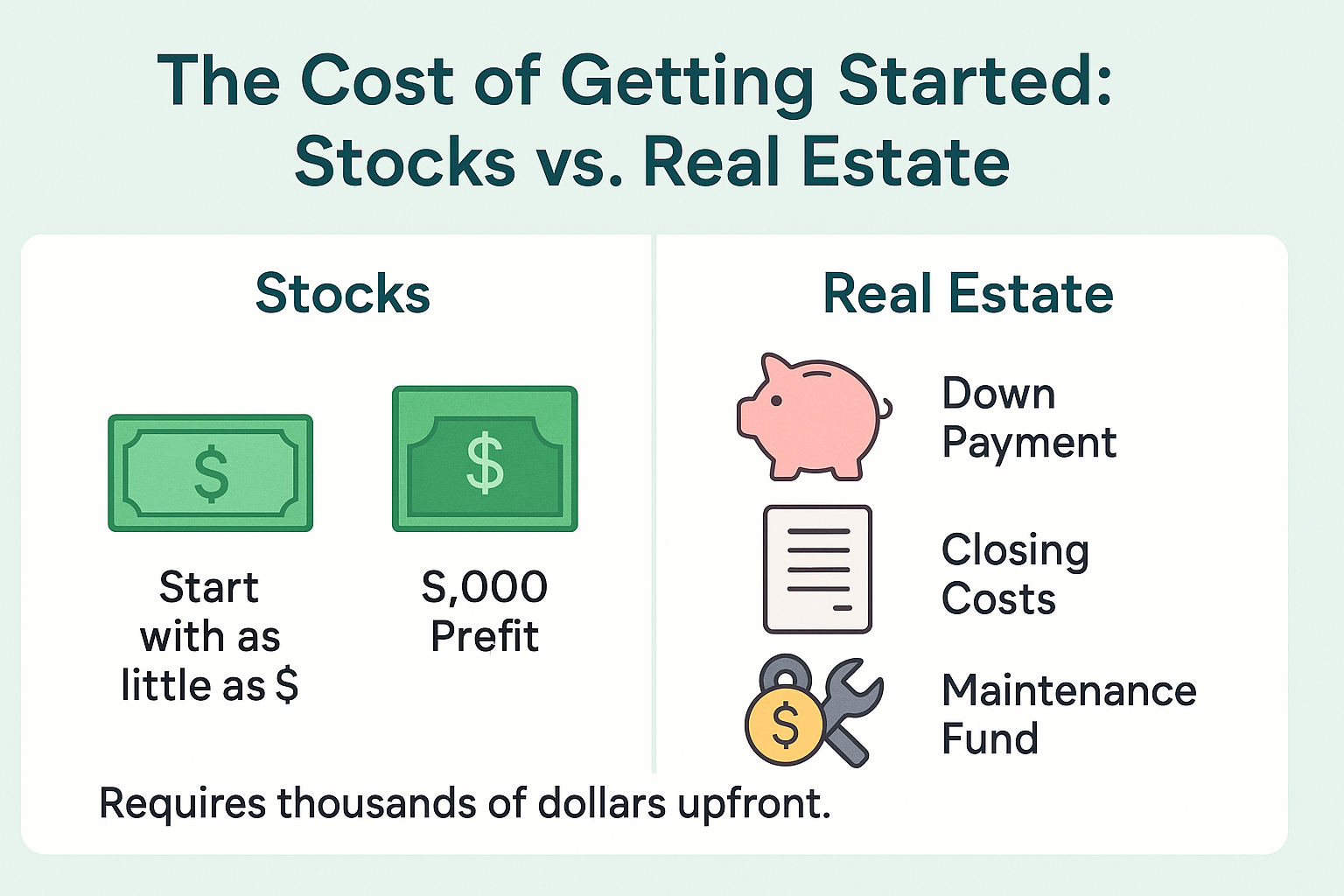 An infographic comparing the starting costs of stocks vs. real estate. The 'Stocks' side shows a single dollar bill. The 'Real Estate' side shows a stack of icons for 'Down Payment', 'Closing Costs', and a 'Maintenance Fund'.