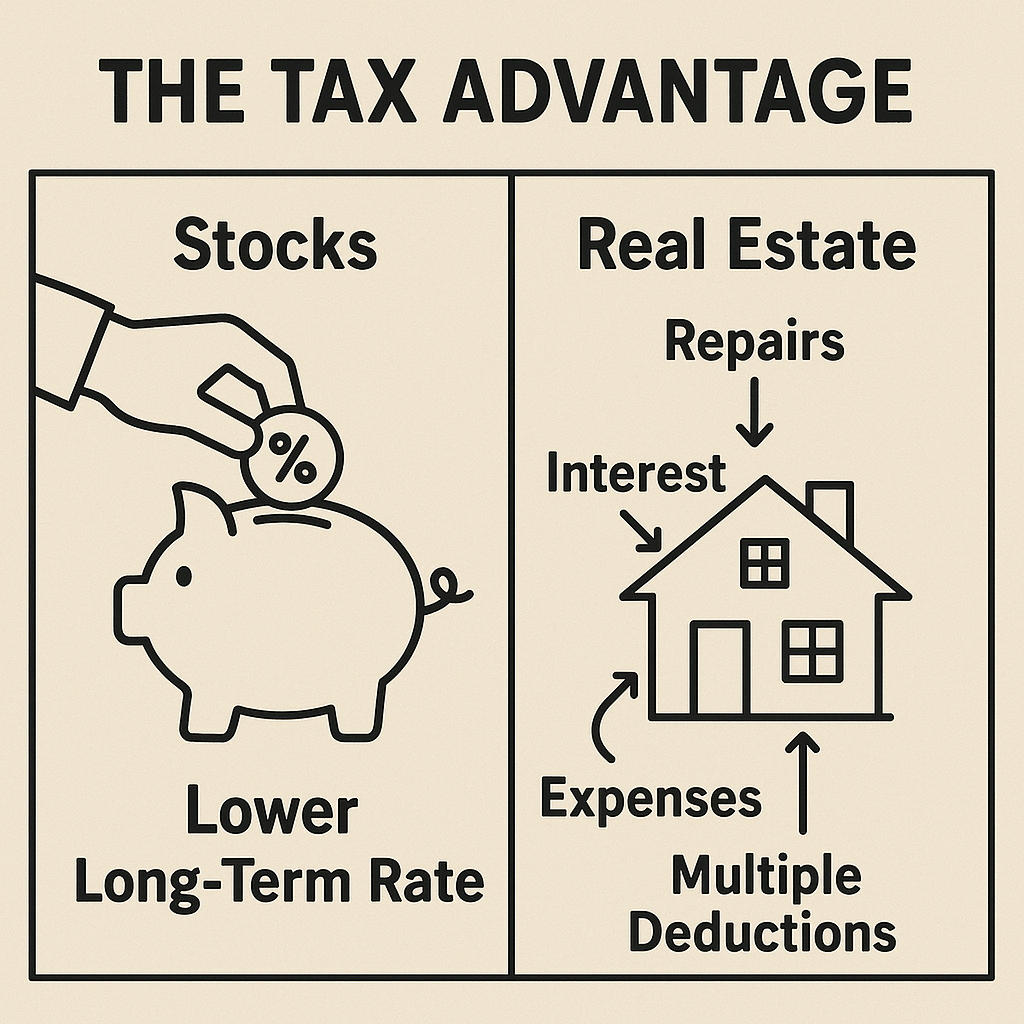 An infographic comparing the tax advantages of stocks (lower long-term capital gains rate) vs. real estate (multiple expense deductions).