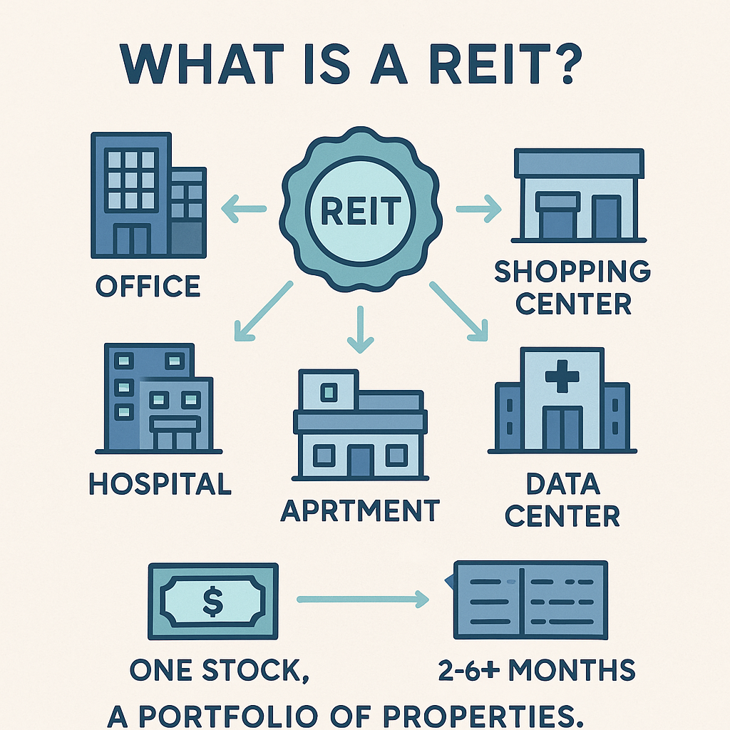 3-3 1 - TheFinSense An infographic explaining REITs as a third option in the stocks vs. real estate choice, showing a REIT stock connected to various properties like offices and apartments.
