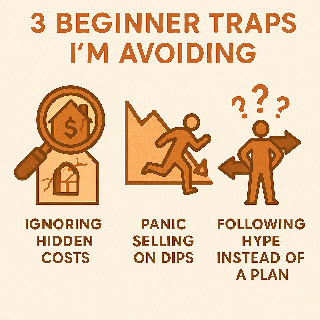 3-3 2 - TheFinSense An infographic illustrating three beginner traps in the stocks vs. real estate decision: an icon for hidden real estate costs, an icon for panic selling stocks, and an icon for following hype.