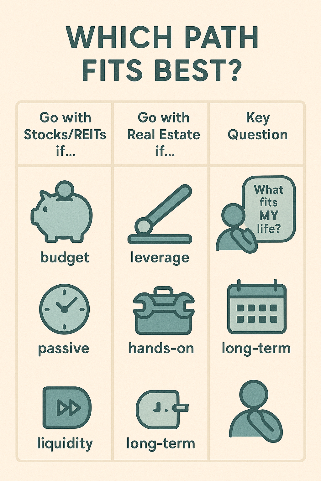 3-3 3 - TheFinSense A cheat sheet infographic for the stocks vs. real estate decision. It compares stocks and real estate on factors like cost, effort, and liquidity to help a user choose what fits their life