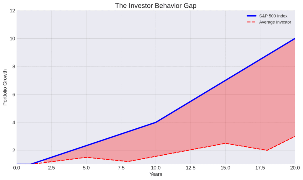 A line chart showing the investor behavior gap, a key concept in investor psychology, where the average investor's returns consistently trail the S&P 500 index over a 20-year period.