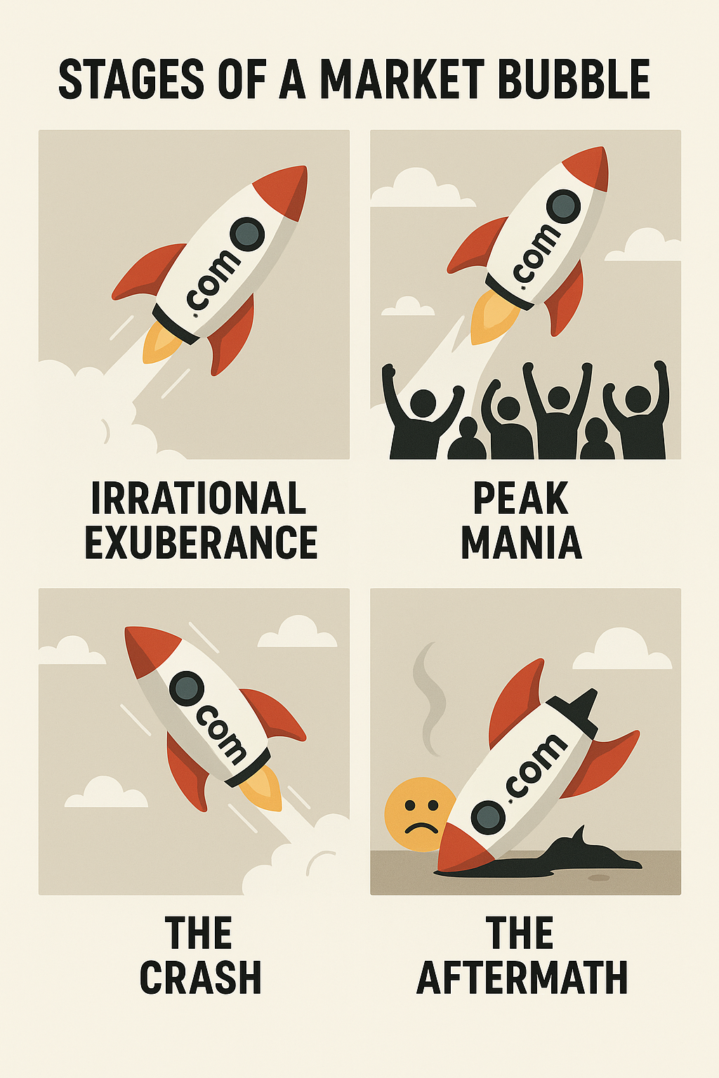An infographic showing the four 'Stages of a Market Bubble' with rocket ship icons: 1. Irrational Exuberance, 2. Peak Mania, 3. The Crash, and 4. The Aftermath.