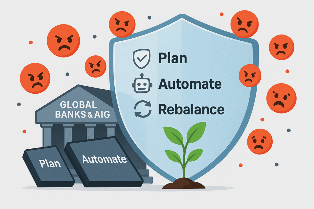 An infographic of a shield labeled 'Your Portfolio' protecting a growing plant from negative emotion icons. The shield is powered by three concepts: Plan, Automate, and Rebalance.