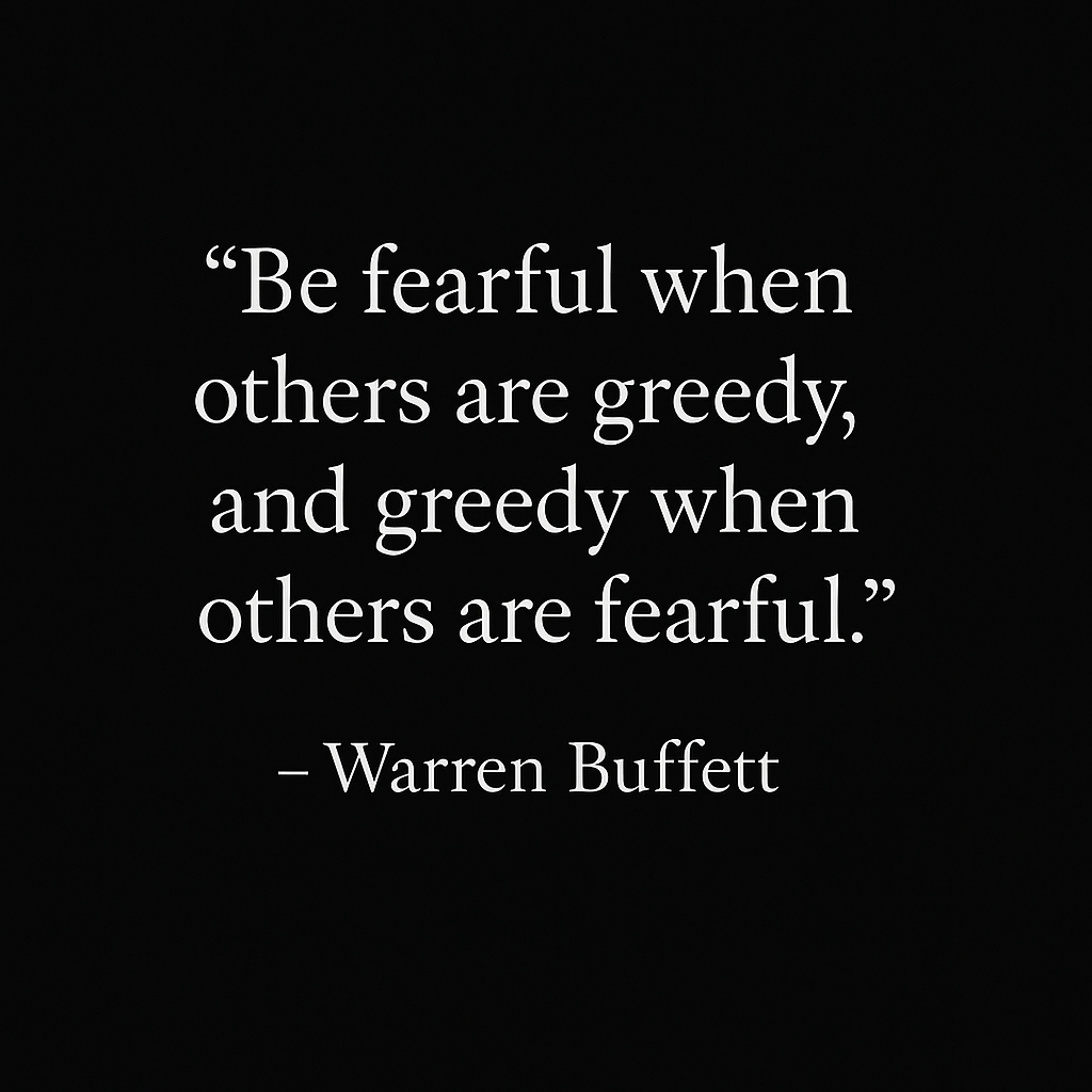 A black and white image with the text: 'Be fearful when others are greedy, and greedy when others are fearful. - Warren Buffett'.
