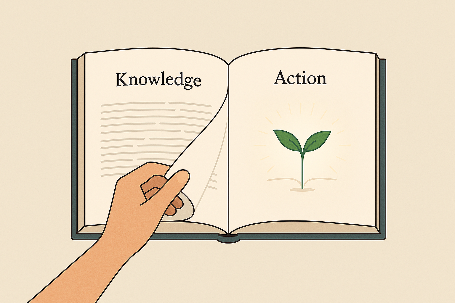 4-3 3 - TheFinSense An illustration of a hand turning a page in a book from "Knowledge" to "Action," where a plant is growing, symbolizing the goal of investor psychology.
