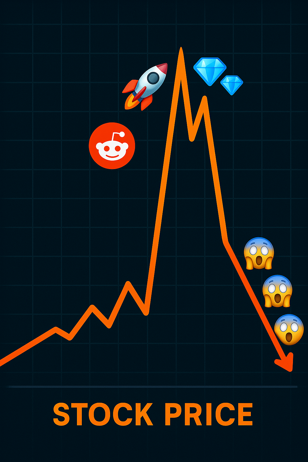 A stylized stock chart of a meme stock like GameStop, showing a massive price spike with rocket and diamond emojis, followed by a sharp crash with scared emojis.