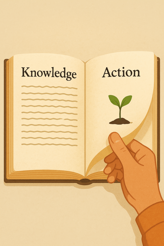 An illustration of a hand turning a page in a book from the word 'Knowledge' to a page with a growing sprout that represents 'Action'.
