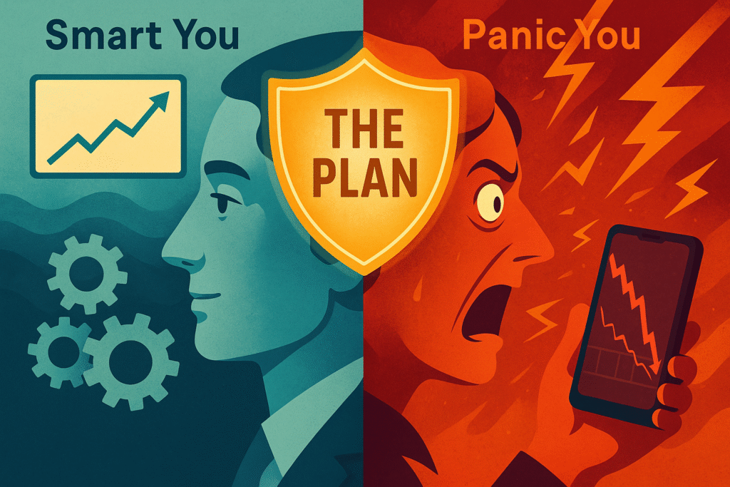 5-1 1 - TheFinSense An illustration of a brain split into a calm 'Smart You' and a 'Panic You,' showing how an Investment Policy Statement acts as a shield to protect your decisions.