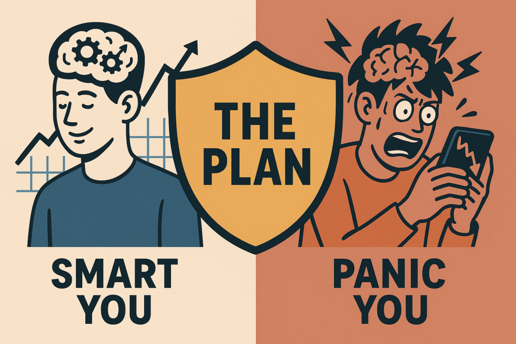 An illustration showing a calm 'Smart You' being protected by a shield labeled 'THE PLAN' from an emotional 'Panic You', symbolizing how a written plan manages investor psychology.