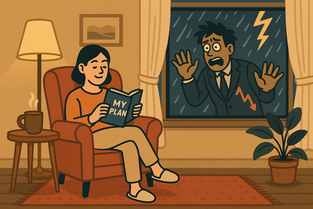 An investor who learned **how to create an investment plan** calmly ignores the chaos of the stock market, represented by Mr. Market.