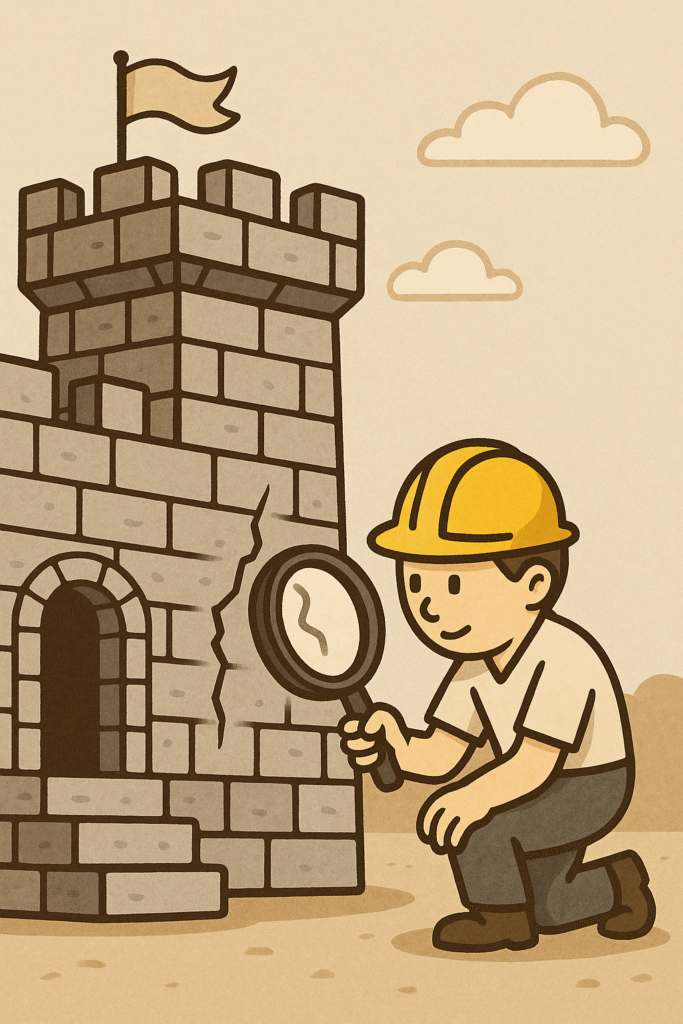 An illustration showing why a pre-mortem is a key step in how to create an investment plan, depicting an architect finding a crack in a fortress.