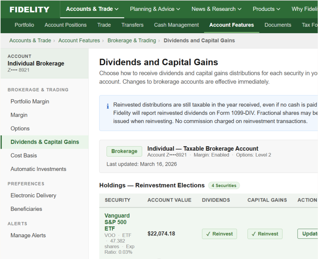 Fidelity dividend reinvestment DRIP settings UI showing automatic reinvestment toggle enabled for S&P 500 ETF position