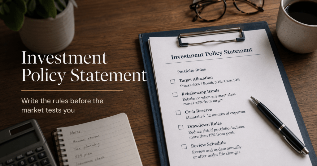 Investment policy statement showing five written portfolio rules for calmer decisions