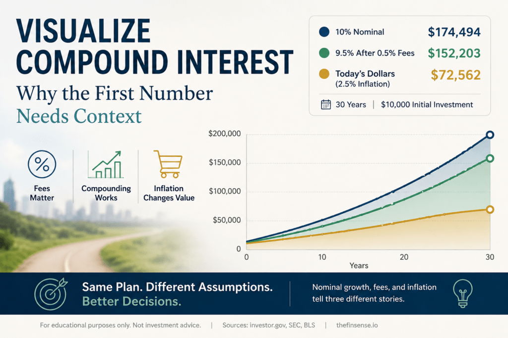 Visualize Compound Interest: Fees, Inflation & Real Value 2 Visualize compound interest with nominal growth, fee-adjusted growth, and today’s-dollar purchasing power over 30 years.