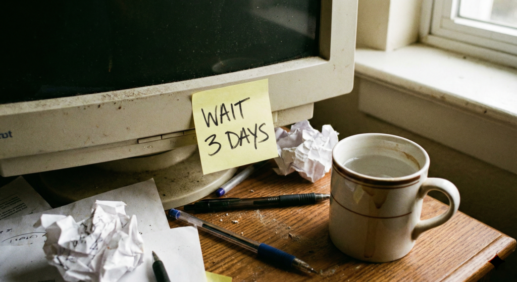 The 72-Hour Rule Sticky Note - TheFinSense A yellow sticky note on a dirty computer monitor acting as an investing psychology barrier.