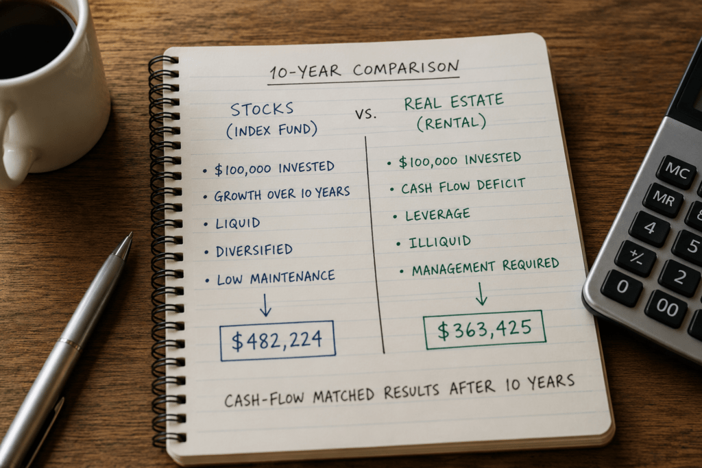 Stocks vs Real Estate: A $100K 10-Year Comparison 2 Stocks and real estate comparison illustrating a 10-year investment decision between an index fund and rental property.