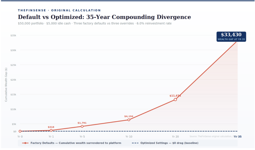Default vs optimized brokerage settings: cumulative compounding divergence Brokerage account settings default versus optimized divergence chart over 35-year timeline
