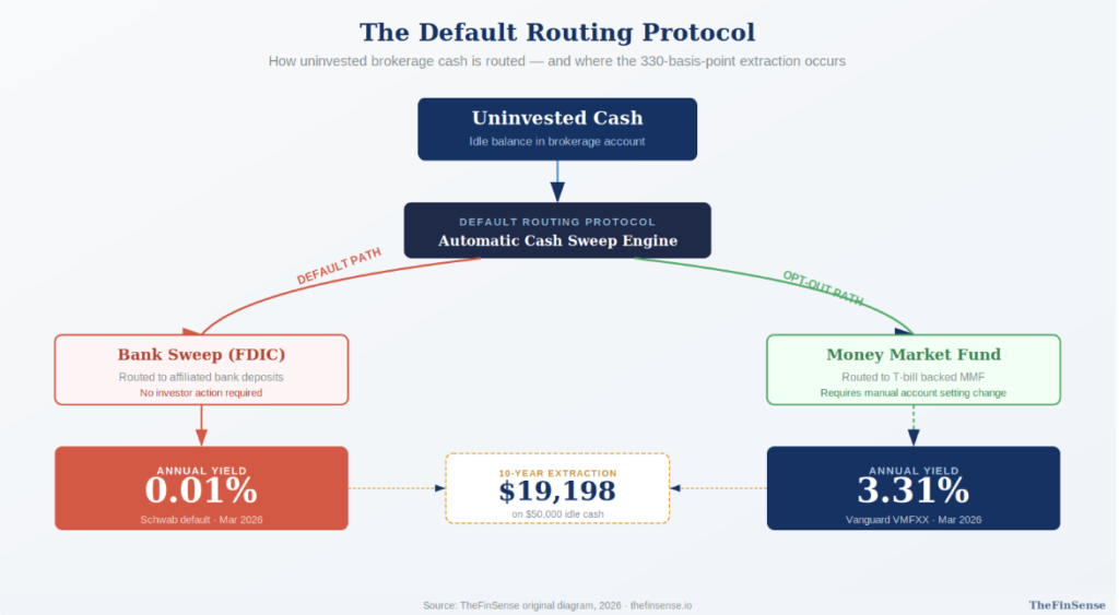 Cash routing architecture showing bank sweep vs money market fund pathways - TheFinSense how default routing protocol funnels brokerage cash to affiliated bank sweep