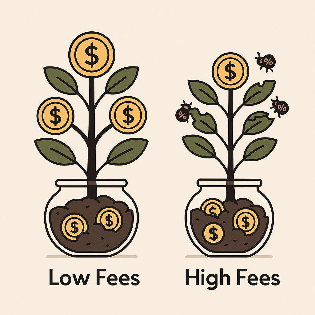 6-1 2 - TheFinSense Graphic comparing two money trees: one healthy with low fees, and one being slowly eaten by small pests representing high expense ratios.
