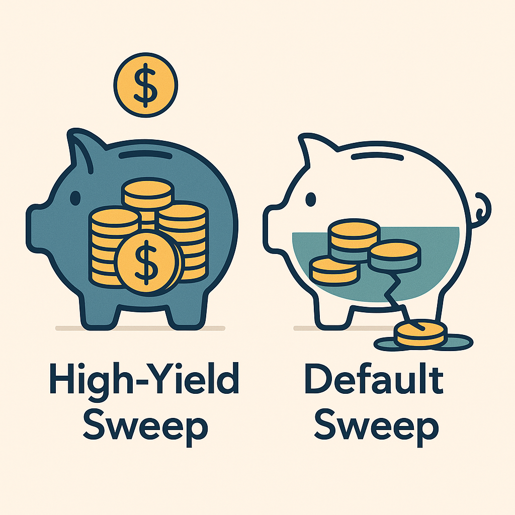 6-1 3 - TheFinSense Illustration comparing a full piggy bank for a high-yield cash sweep to a leaky piggy bank for a low-yield default sweep.