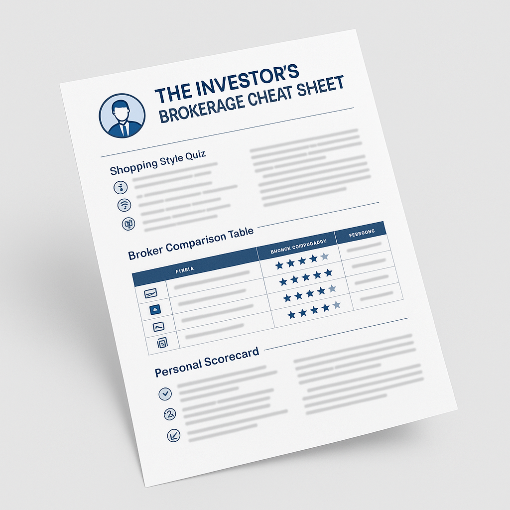 6-1 4 - TheFinSense A mockup of a one-page "Brokerage Cheat Sheet" PDF, showing valuable sections like a quiz, comparison table, and scorecard.
