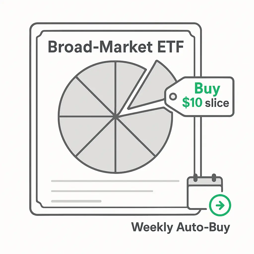 7-1-3 - TheFinSense Fractional investing visualized as buying a slice of a larger ETF, with a weekly auto-buy reminder.