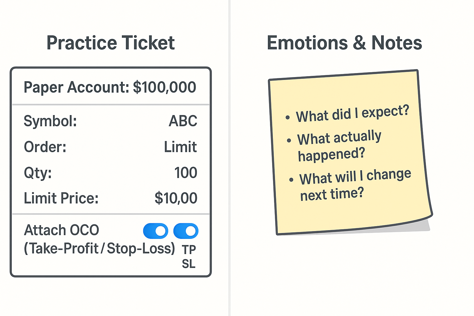 7-1 4 - TheFinSense Side-by-side practice order ticket and trading reflection notes for a paper account.