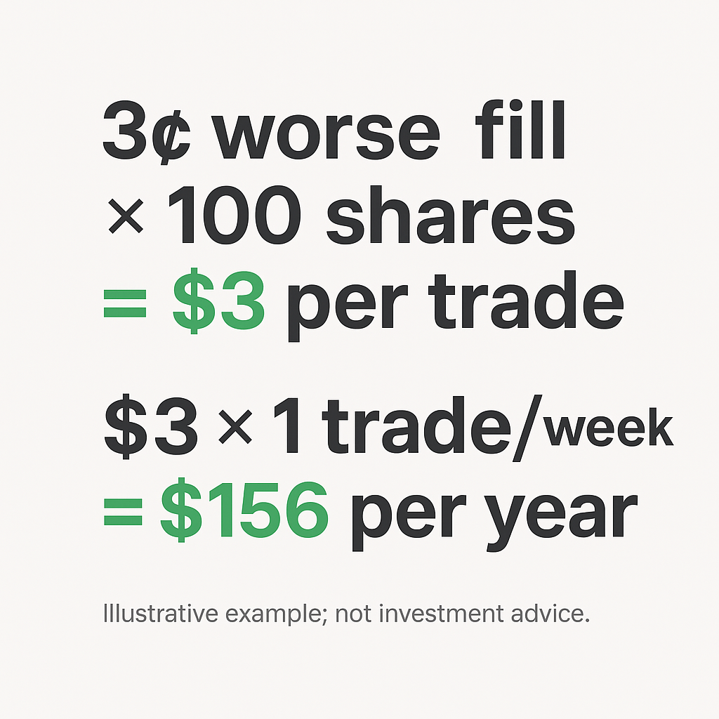 7-2 1 - TheFinSense A clean card calculating how a 3-cent worse fill can add up to 6 per year with weekly trades.
