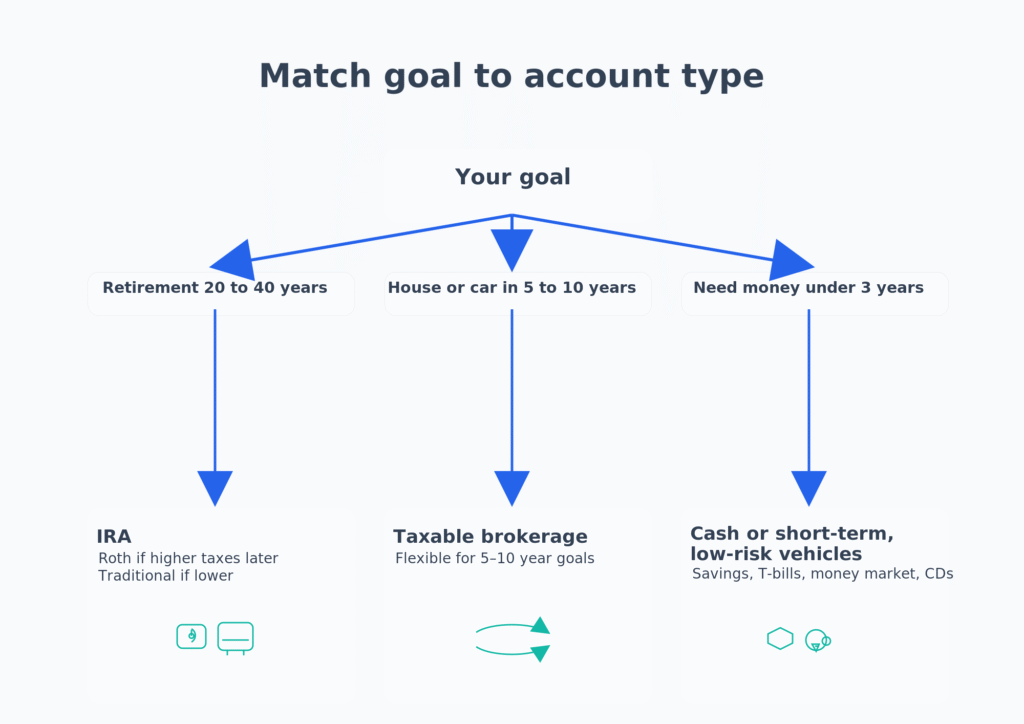 8 2 - TheFinSense Alt text: Simple decision flow from goal to account type - retirement → IRA, 5 to 10 years → Taxable, under 3 years → cash-like