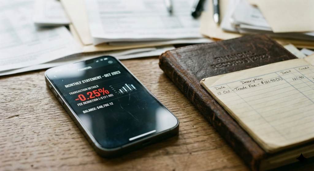 The Cost of Automated Convenience A macro photograph of a smartphone displaying a 0.25 percent fee deduction next to a physical accounting ledger, illustrating the robo-advisor vs DIY conflict.
