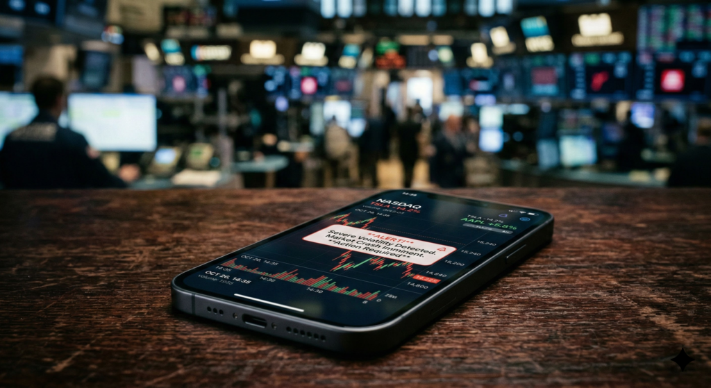 A glowing smartphone displaying a volatile red stock chart, representing the Robinhood vs Webull gamification trap on a dark desk.
