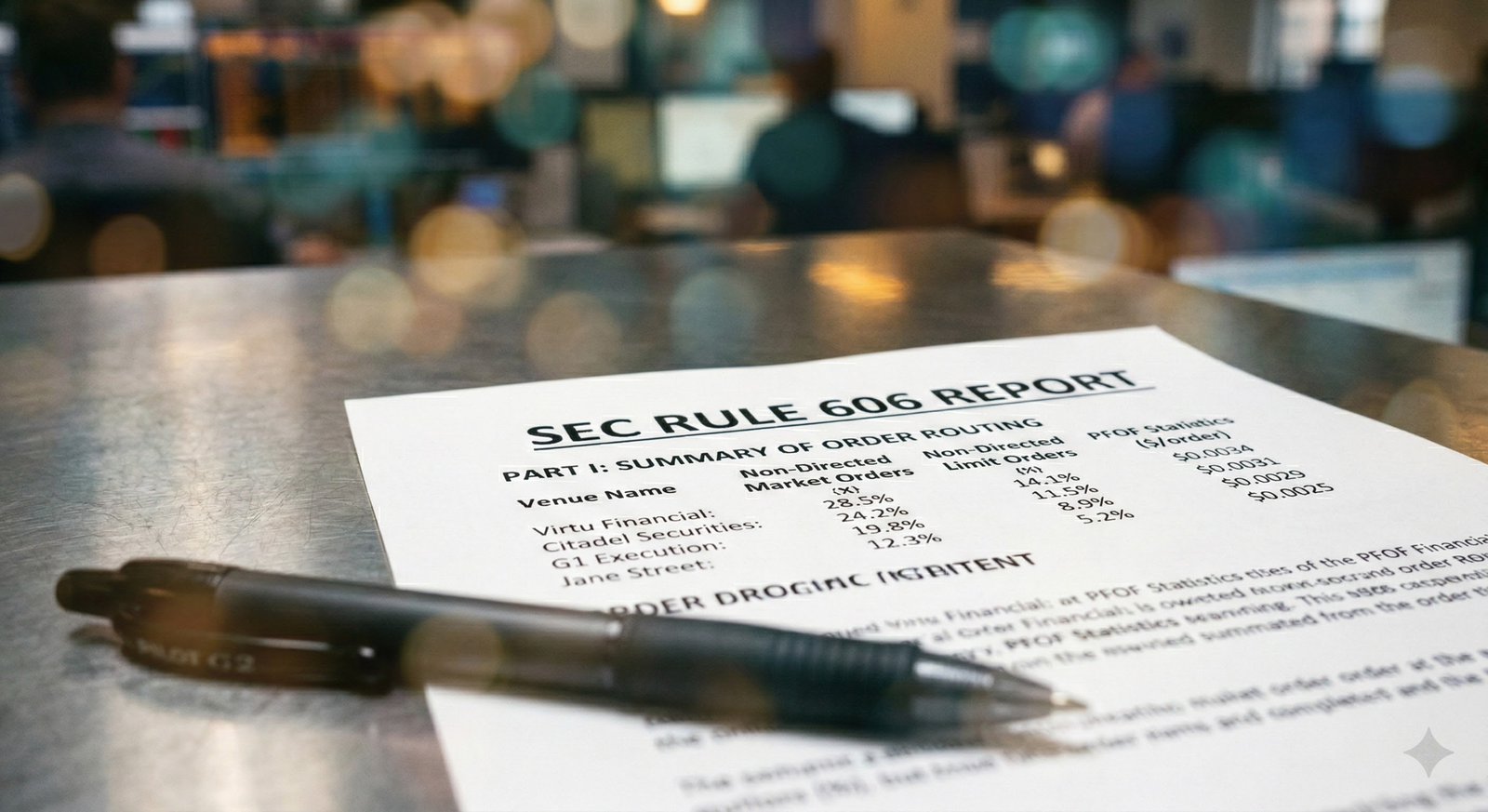 An extreme close-up of a printed SEC Rule 606 order routing disclosure document, revealing the reality behind Robinhood vs Webull PFOF metrics.
