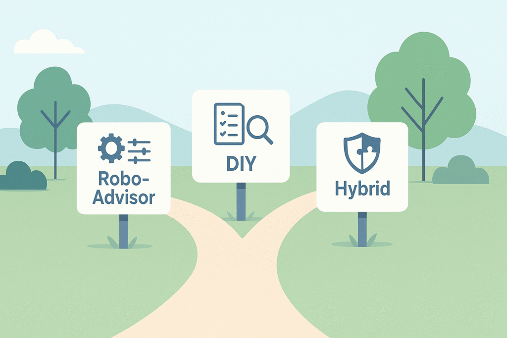 Robo-advisor vs DIY for beginners hero image with three clear paths, including a hybrid option.