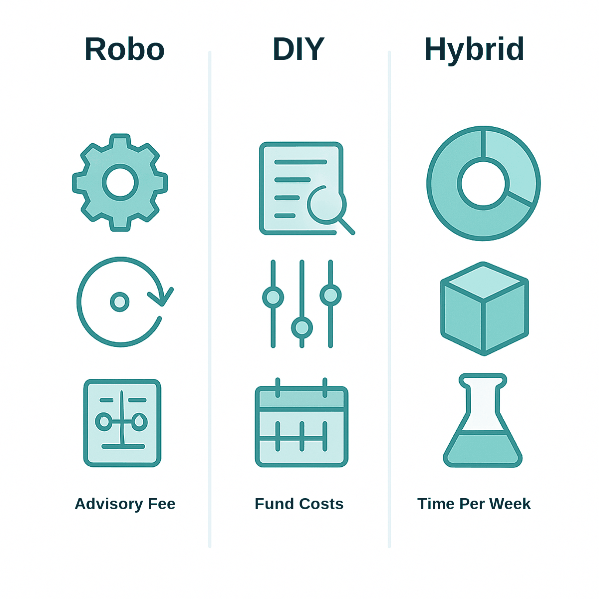 Icon infographic comparing Robo, DIY, and Hybrid investing for beginners in three columns.