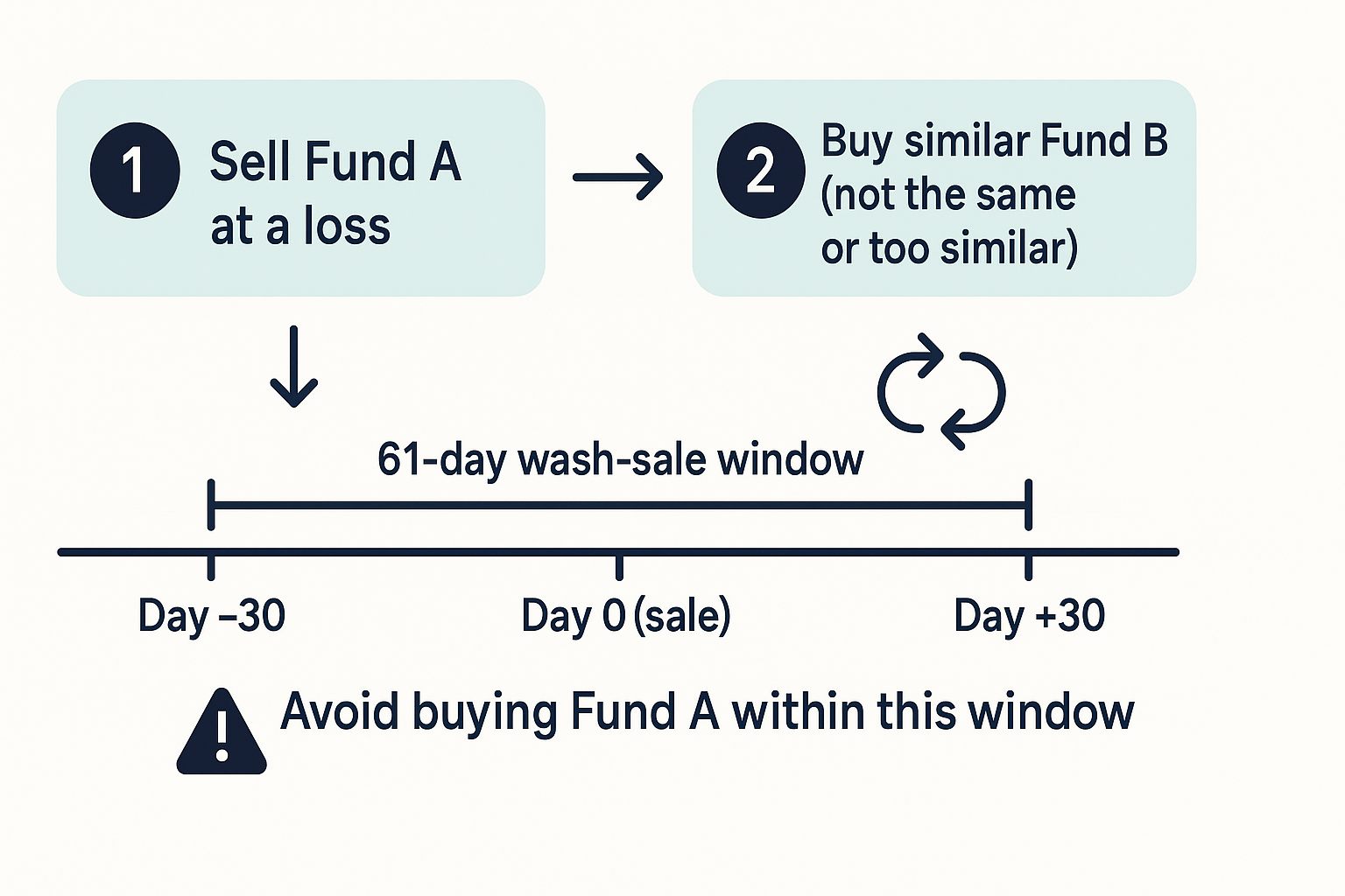 Tax-loss harvesting steps with a 61-day wash-sale window from Day −30 to Day +30 and a Day 0 sale marker.