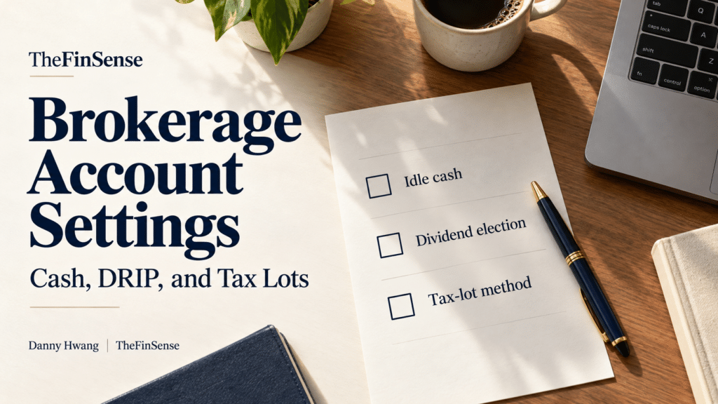 Brokerage Account Settings: Cash, DRIP, and Tax Lots 7 Brokerage account settings checklist for idle cash, dividend election, and tax-lot method, by Danny Hwang at TheFinSense.