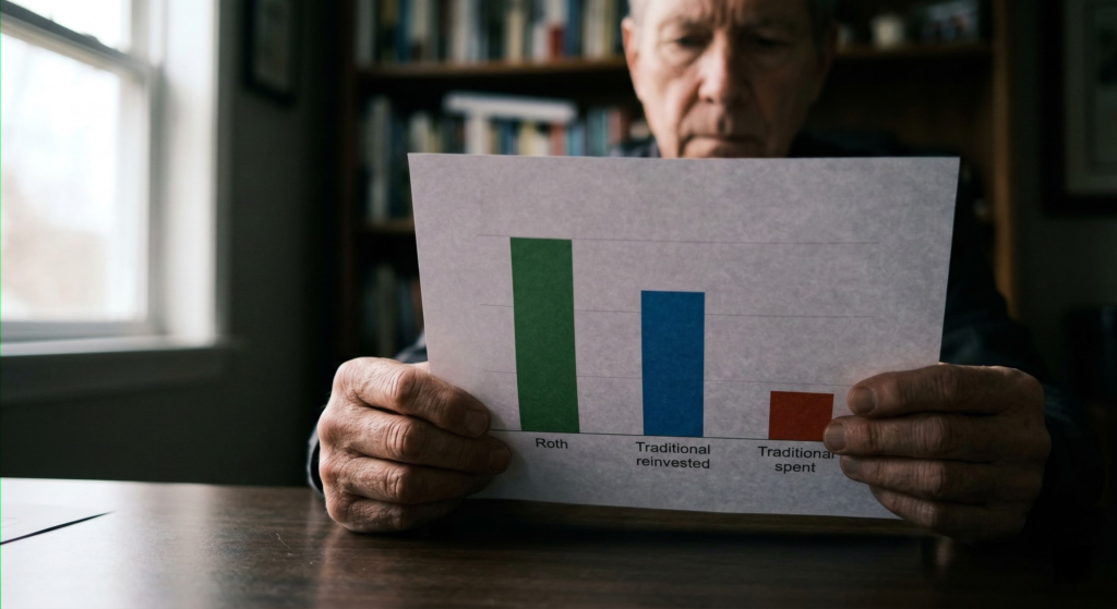 30-Year IRA Wealth Divergence Chart Roth vs Traditional IRA 30-year wealth comparison showing reinvestment gap between account types