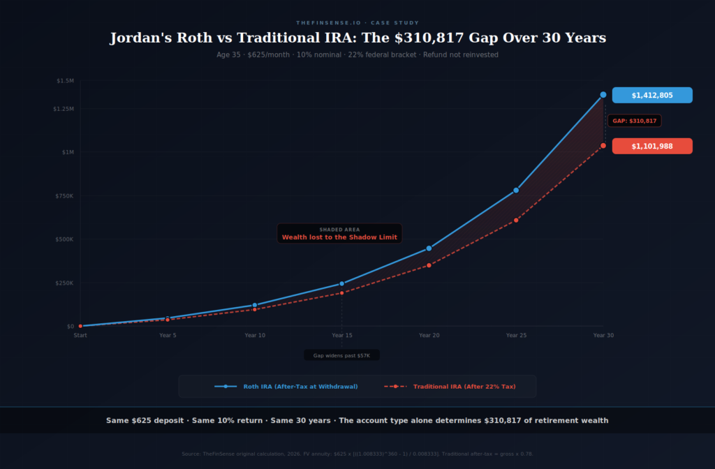 Jordan 30-year Roth vs Traditional IRA projection chart showing ,412,805 Roth net versus ,101,988 Traditional after-tax wealth at age 65 - TheFinSense Chart comparing Roth vs Traditional IRA growth to 0,817 gap over 30 years for Jordan case study at 22 percent bracket
