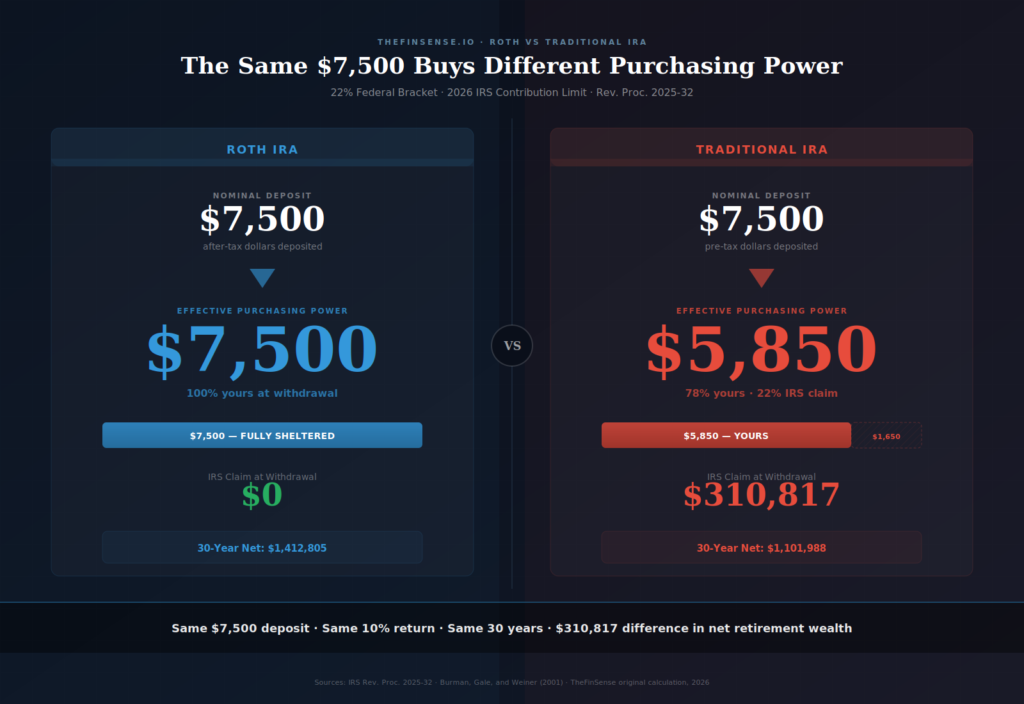 Side-by-side Roth and Traditional IRA effective contribution limit comparison with 30-year net wealth projection at the 22 percent federal tax rate - TheFinSense Roth vs Traditional IRA split comparison showing identical ,500 deposit producing ,500 vs ,850 effective purchasing power at 22 percent bracket