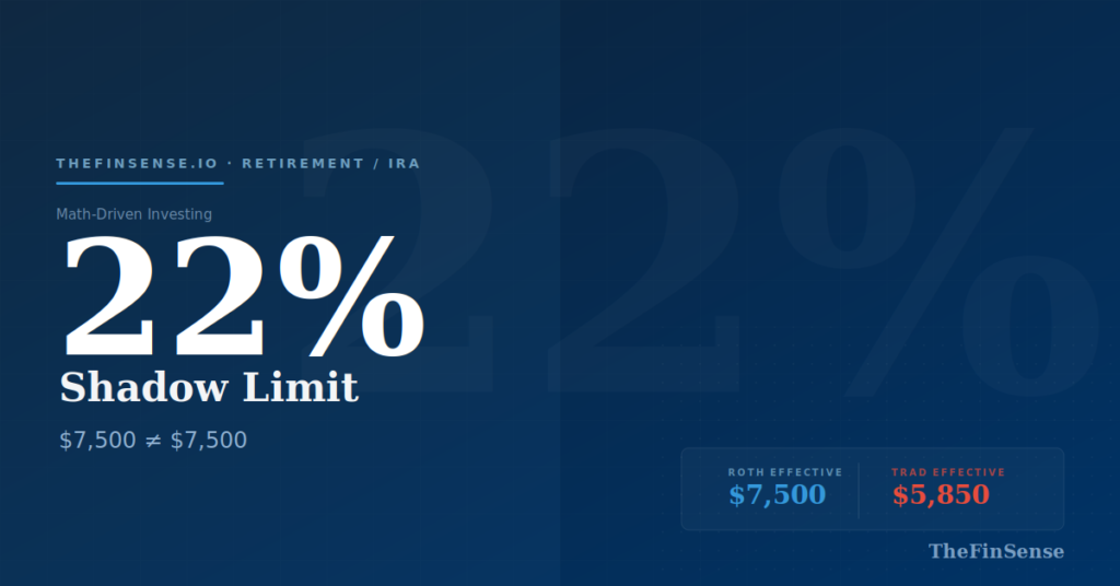 TheFinSense Roth vs Traditional IRA Shadow Limit infographic comparing ,500 nominal limit to ,850 effective purchasing power - TheFinSense Roth vs Traditional IRA featured image showing 22 percent Shadow Limit effective capacity gap at the federal bracket